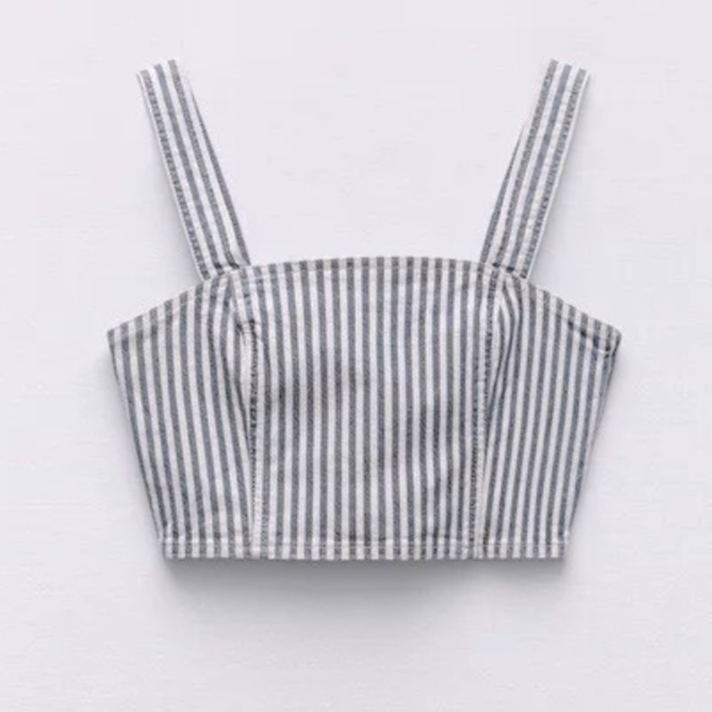 Zara denim Striped Crop Top Side Zip Womens Size Medium $35 New with tags